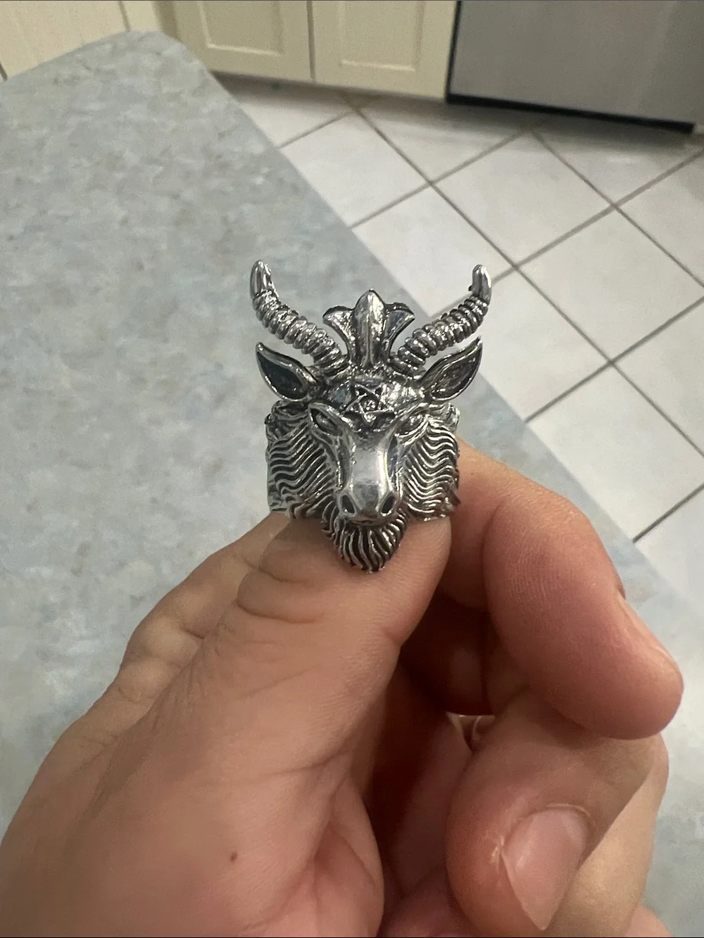 Silver Goat Head Statement Ring - Men's Accessory